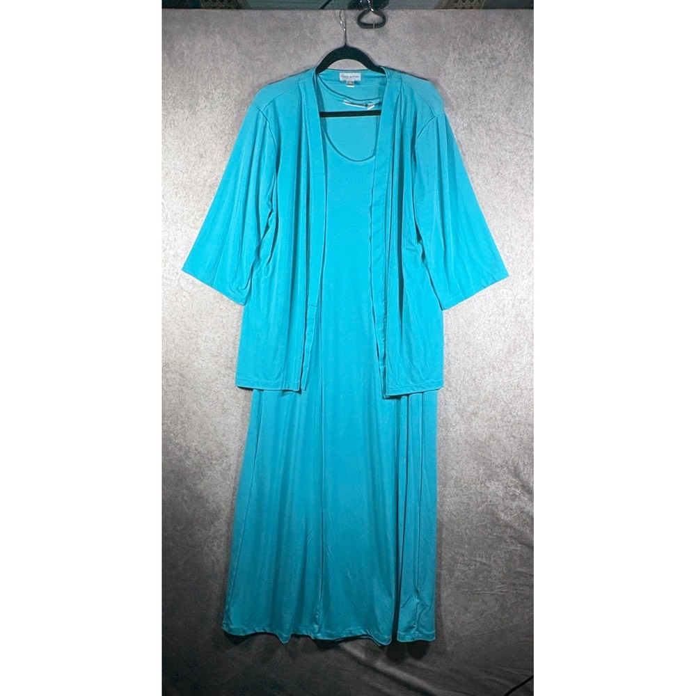 Susan Graver Dress Set Womens M Turquoise Liquid Knit Maxi Dress Cardigan 2pc